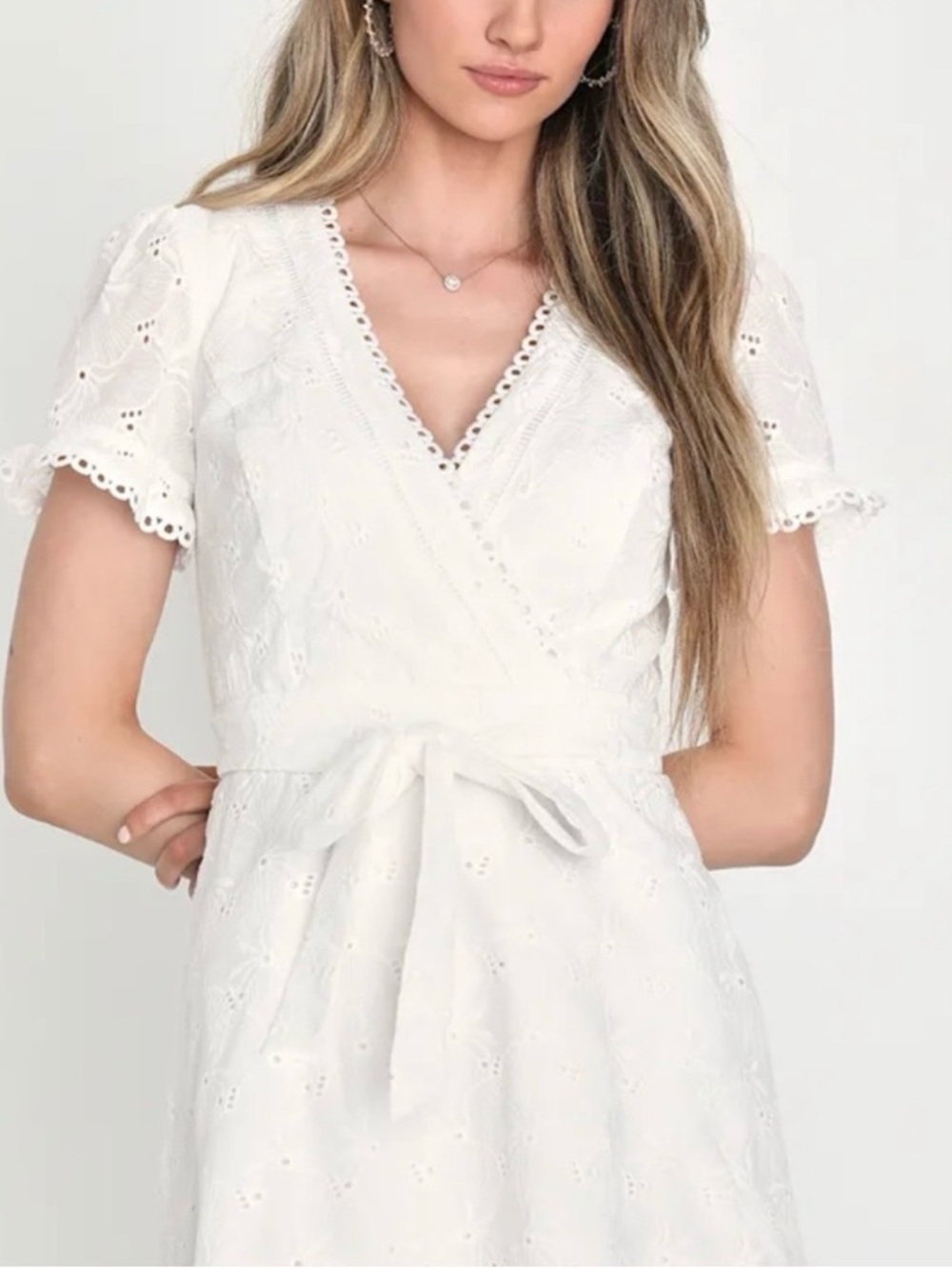 Lulu’s Whirlwind Wonder White Floral Eyelet Short Sleeve Mini Dress bridal